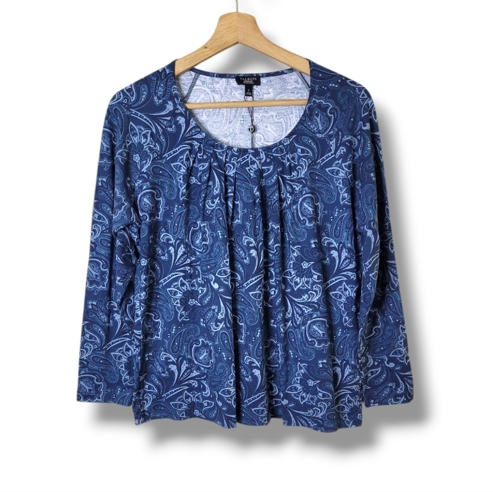 Talbots Blue Paisley Round Neck Pima Cotton Modal Relaxed Fit Blouse NWT